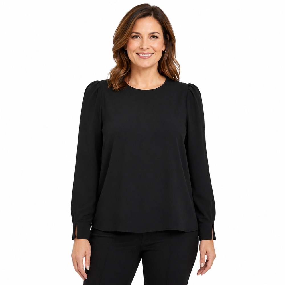 Lafayette 148 New York Black Puff Shoulder Long Sleeve Blouse Women's Size Small
